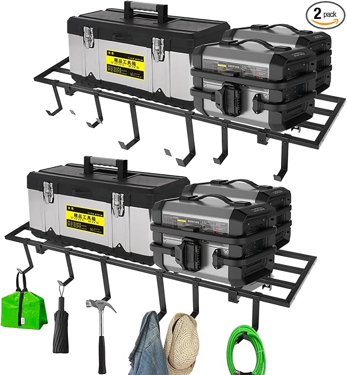 Garage Wall Shelving, 1X4 ft Garage Storage Rack,Heavy Duty Wall Mounted Storage Shelf With 12 Hooks-Each Loads 200lbs Metal Wall Shelf,Black,2Pack