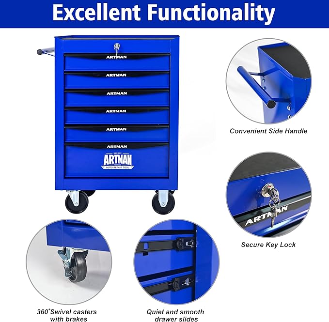 6 Drawers Rolling Tool Box on Wheels, Multifunctional Tool Chest Cabinet with Lock, Drawers Rolling Tool Cart Trolley Organizer Tool Storage Case for Warehouse,Garage,Workshop (Blue)