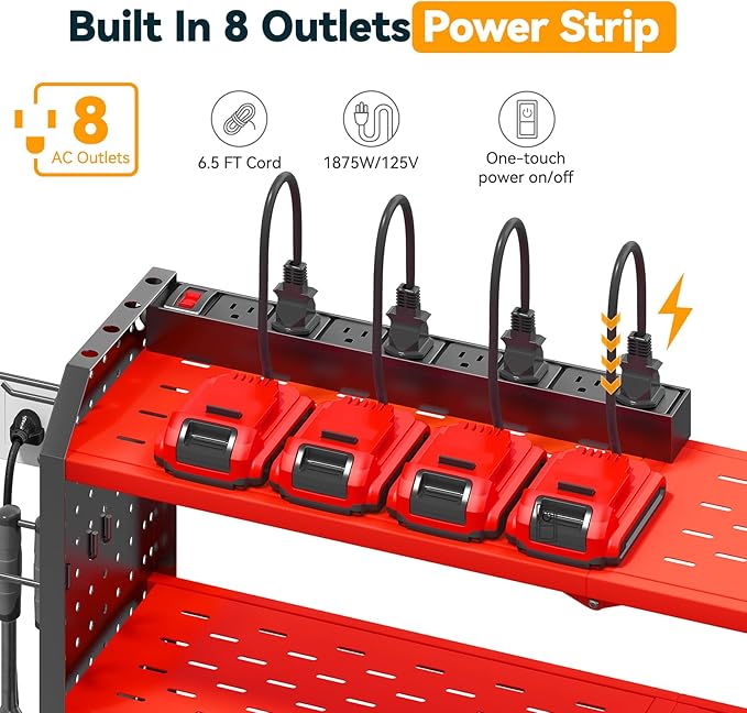 Warome Garage Power Tool Organizer with 8-Outlet Power Strip, Tool Storage Rack Wall Mount with 8 Cordless Drill Holders, Tool Organization Shelf with Charging Station in Red