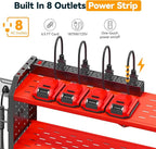 Warome Garage Power Tool Organizer with 8-Outlet Power Strip, Tool Storage Rack Wall Mount with 8 Cordless Drill Holders, Tool Organization Shelf with Charging Station in Red