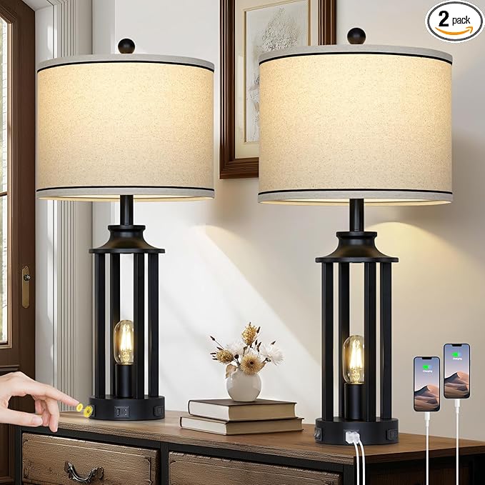 27.5" Black Farmhouse Table Lamps Set of 2, Tall Vintage Lamps for Living Room with USB A+C Charging Ports & AC Outlet, Rustic Bedside Lamp with Night Light, Bedroom Lamp for Nightstand Side End Table