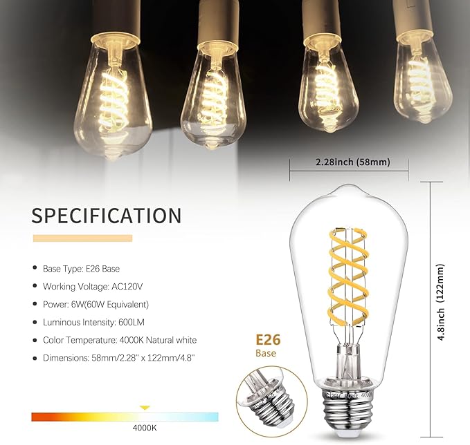 8 PCS Dimmable Vintage LED Edison Bulbs, 6W Equivalent 60 Watt, Natural White 4000K, Antique Flexible Spiral LED Filament Light Bulb, ST58 (ST19), 600 Lumens, E26 Base, Clear Plastic