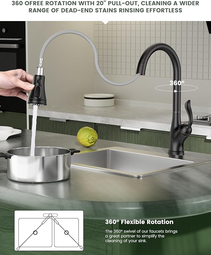 APPASO Pull Down Kitchen Faucet with Sprayer Oil Rubbed Bronze, Single Handle High Arc Faucet with Deck Plate, Neoperl Aerator, CUPC-Certified Pull-Out Hose, Water Supply Tubing, and Valve Core