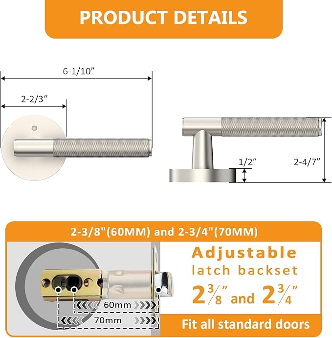 Amerdeco 3 Pack Brushed Satin Nickel Door Handles Interior, Knurled Privacy Door Handles,Heavy Duty Black Door Lever for Bedroom or Bathroom,Reversible Keyless for Left Right Handed Doors AM0016