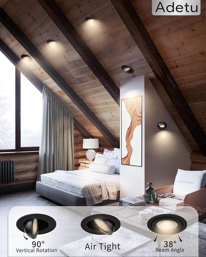 Adetu 3 Inch 5CCT Gimbal Black Led Recessed Lighting with Junction Box, 2700K/3000K/3500K/4000K/5000K, 7W Eqv 80W, 360°+90° Adjustable Led Recessed Lights, 798LM Brightness - ETL (Black, 6 Pack)