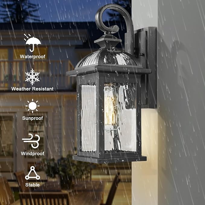 Darkaway Outdoor Lights Fixture Wall Mount, Exterior Wall Light with Water Ripple Glass Waterproof Black Outside Wall Sconce for House Porch Hallway Garage