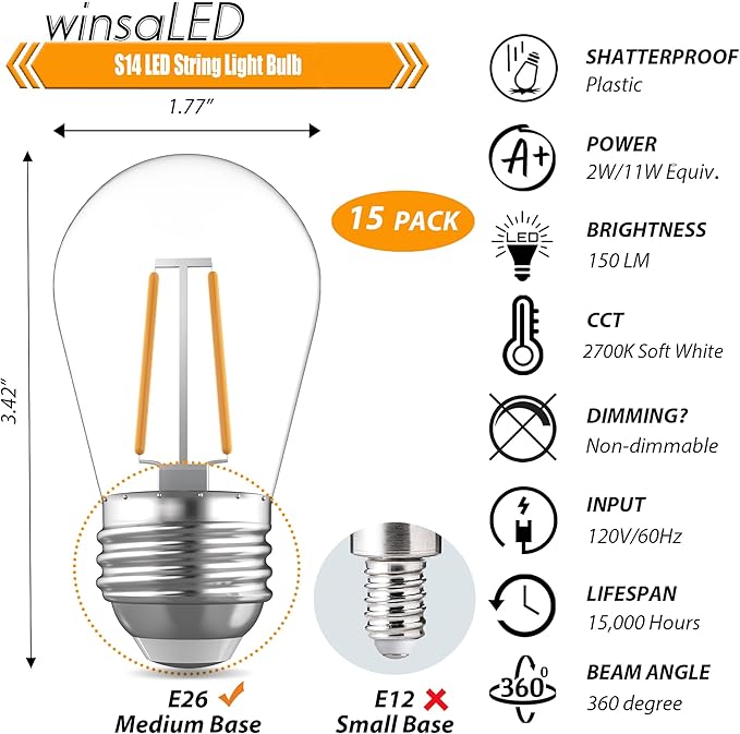 15 Pack Replacement Bulbs for String Lights, 2W S14 Shatterproof Waterproof LED Outdoor Light Bulbs, 2700K Soft White, E26 Base, AC120V, Not Dimmable