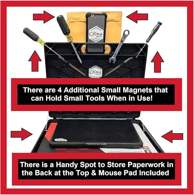 The OmniShelf Magnetic Portable Workstation + Toolbox, Computer & Laptop Stand, Multimeter Case, Utility Shelf w/ 40 lb Capacity, Hands Free Workstation Attaches to HVAC, Trucks & More (3 Count)