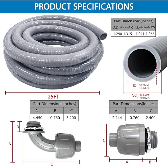 1-1/4inch 25FT Electrical Conduit Kit,Liquid-Tight Conduit and Connector Kit with 4 Straight and 2 Angle Fittings Included,Flexible Non Metallic Conduit(1-1/4" Dia,25 Feet)