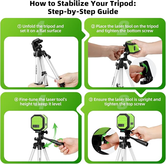 Laser Level with Tripod, HUEPAR 100Ft Self Leveling Laser Level Rechargeable Green Cross Line Laser Leveler Tool for Picture Hanging, Tile, Home Renovation, Carrying Bag Included (25.6 in Tripod)