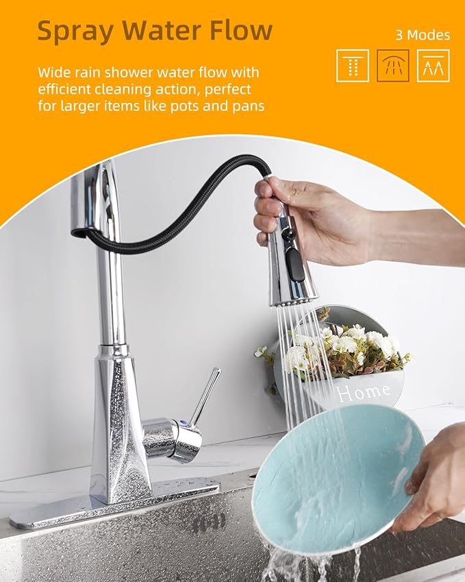 Hibbent Kitchen Sink Faucet Head Replacement, NSF/ANSI/CAN 61 & CUPC Certified, 3-Function Pull Down Sprayer Nozzle with 15 Adapters, Compatible with Delta, Kohler, Moen Faucets, Chrome (Silver)