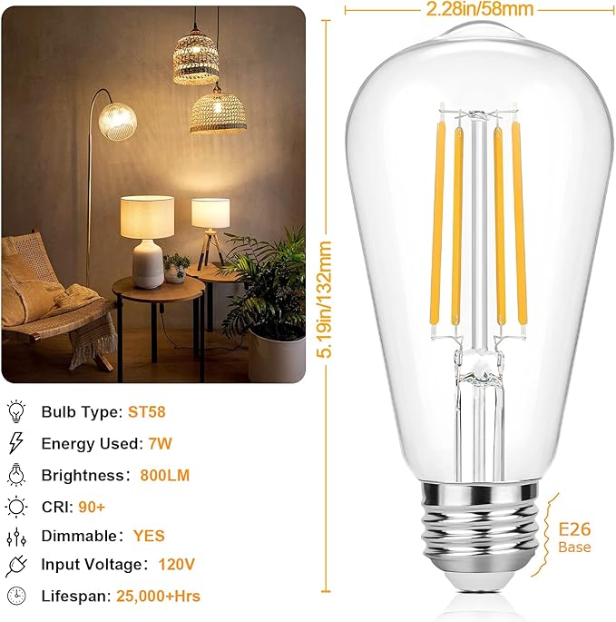 Vintage LED Edison Bulbs 60 Watt Equivalent Dimmable 7W ST58 LED Filament Light Bulbs Warm White 3000K Antique Style Lighting High Brightness 800LM E26 Medium Base Clear Glass for Home Office, 12 Pack