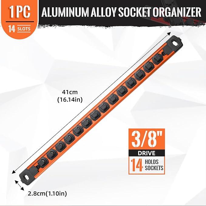 Magnetic Socket Organizer, 1-Piece Heavty Duty Aluminum Socket Holder, Socket Rail for Tool Box, Premium Quality 360° Swivel Socket Rack with 14 Clips for 3/8-Inch(Orange)
