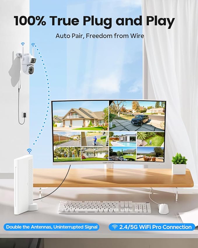 4MP Dual Lens Home Security Camera System Wireless, Security Cameras Wireless Outdoor 24/7 Record, Auto Tracking, 5G & 2.4G WiFi, Night Vision, 2-Way Audio, 360° PTZ, 10CH 4K NVR 500GB No Subscription