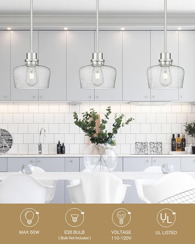 Emak Modern Brushed Nickel Pendant Lights Kitchen Island, 2 Pack 8 Inch Seeded Glass Pendant Light Fixtures for Kitchen Island, Bathroom, Bedroom, Dining Room, PL122-BN-2PK