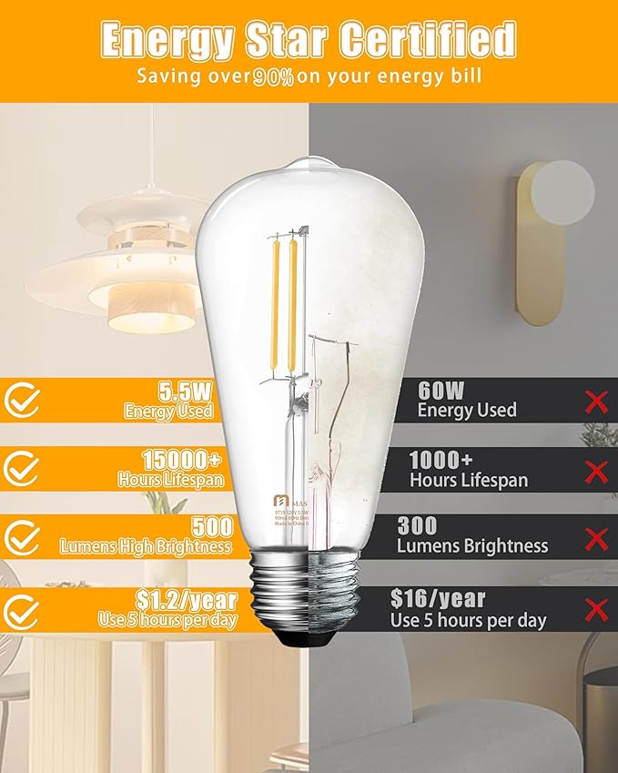 MASTERY MART 10 Pack Vintage Edison Bulbs, E26 Led Bulb 5.5W Equivalent to 60W, Dimmable, 2700K Soft White, High Brightness Antique ST19, Clear Glass