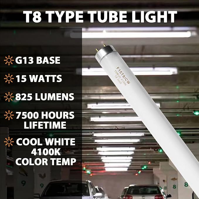 18 Inch F15T8/CW T8 15W Fluorescent Light Bulb Cool White Compatible for Philips GE F15T8/SP41 Replacement Bulb G13 Base 6 Count