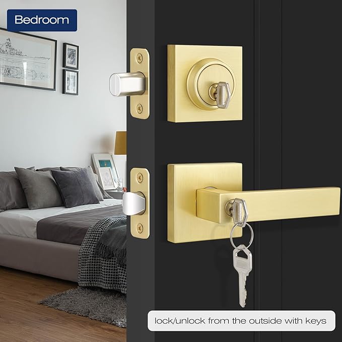 EHOMEWARE 5 Pack Satin Brass Door Handle Set with Single Cylinder Deadbolt, Entry Door Locksets with Deadbolt Modern Contemporary Square Design in Zinc Alloy Satin Brass Finish