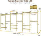 H6 Wall Mounted Closet System, Industrial Pipe Clothes Rack Clothing Racks with 6 Telescopic Rods & 3 Fixing Rods & 9 Shelves, Heavy Duty Closet Organizers and Storage in Wardrobe Closet (Gold)