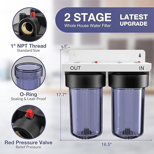 SimPure Whole House Water Filter System, 2 Stages Clear Home Water Pre-Filtration with Carbon and Sediment Filters, Reduce Odor, Chlorine, Taste, Iron, Lead, 1" NPT Brass Port, BPA Free(DB10C-2)