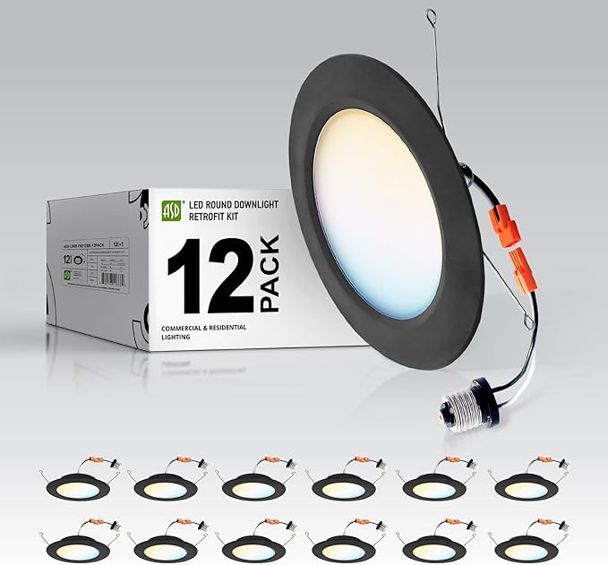 ASD Flat Trim Retrofit LED Recessed Lighting 6 Inch | Ultra Thin Black 12W 971LM Wet Rated Dimmable Downlights | 2700K-5000K Adjustable LED Recessed Light Fixtures | Disk Can Lights, ETL 12 Pack