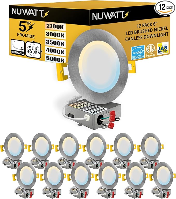 NUWATT 12 Pack 6 Inch Ultra Thin LED Recessed Lighting, Selectable 2700K/3000K/3500K/4000K/5000K, High Brightness 1050 Lumens, Dimmable, IC Rated, Brushed Nickel Canless LED Wafer Lights, Metal J-Box