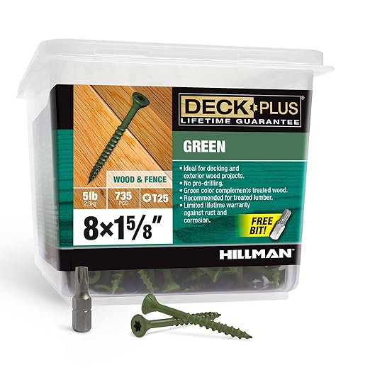Deck Plus 1-5/8 Inch Epoxy Coated Exterior Wood and Fence Screws #8 x 1-5/8" Torx/Star Drive Included Coarse Thread, Outdoor Rust Resistant Decking Screw, Green, 5lb Box, 735 Pieces | 48398