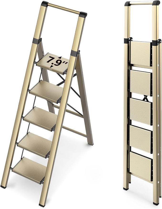 WOA WOA 5 Step Ladder for 10 Feet High Ceiling, Lightweight Foldable Ladder with Non-Slip Wide Pedals, Step Stool with Safe Handrail, Space Saving for Home, Kitchen, Indoor & Outdoor 300lbs - Gold