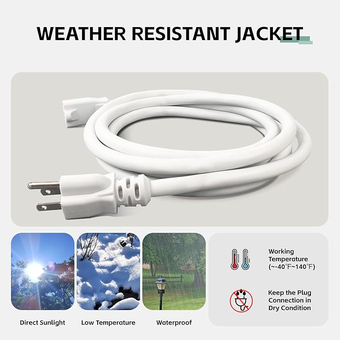 10 Ft Outdoor Extension Cord - 12/3 SJTW Heavy Duty White Extension Cable with 3 Prong Grounded Plug - Power Cord for Lawn, Garden, Appliances