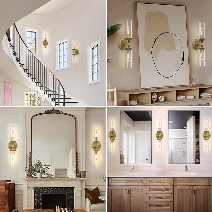 Gold Wall Sconce for Bathroom Hardwired, 20.5" Brass Wall Sconces, Linear Sconces Wall Lighting Double-Lights, Bathroom Lighting Fixtures over Mirror, Tube Bath Vanity Light for Living Room, Bedroom