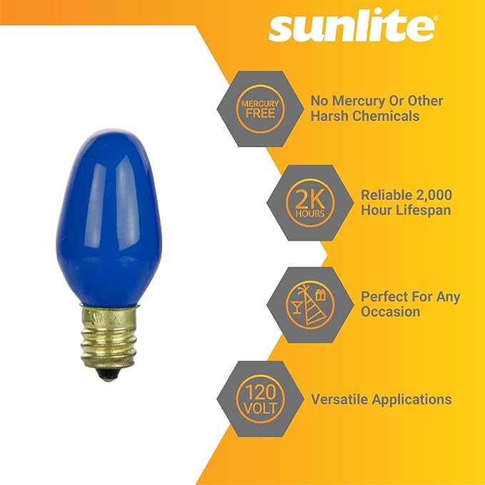 Sunlite 01053 7C7 Incandescent Bulb, 7 Watt, Candelabra E12 Base, C7 Small Night Light, Colored Bulb, Blue, 12 Count