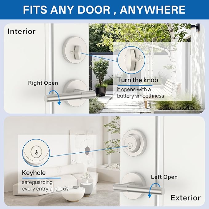 Amerdeco Front Door Lock Set with Double Cylinder Deadbolt, Exterior Entry Door Lever, Heavy Duty Entry Door Locksets for Left or Right Hand Exterior Door（Satin Nickel 1 Pack）