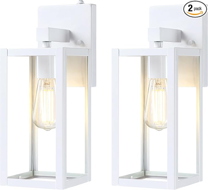 GRUENLICH Dusk to Dawn Large Outdoor Wall Lantern, Wall Sconce as Porch Lighting Fixture, E26 Base Max 60W, Metal Housing with Glass Shade (White, 2-Pack)