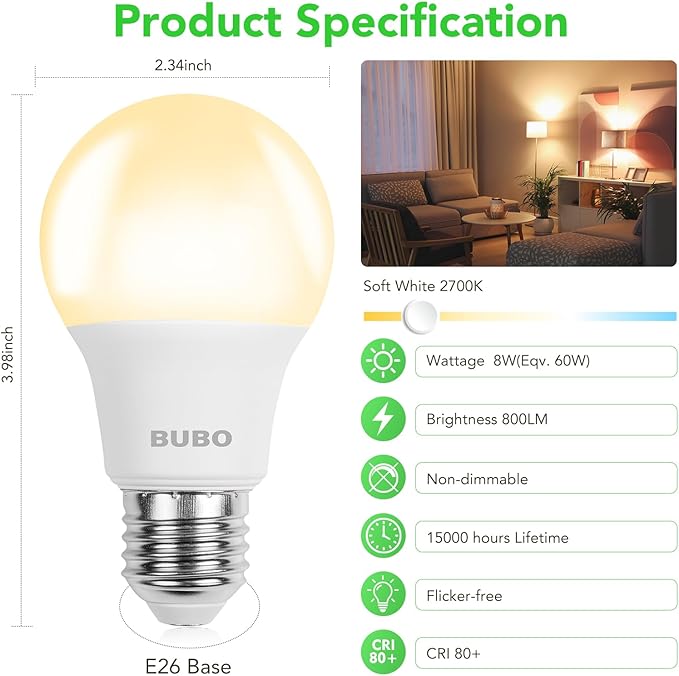 BUBO 60 Pack A19 LED Light Bulbs, 60 Watt Equivalent LED Bulbs, Soft White 2700K, 800 Lumens, E26 Standard Base, Non-Dimmable, 8W Soft White LED Bulbs for Bedroom Living Room Home Office