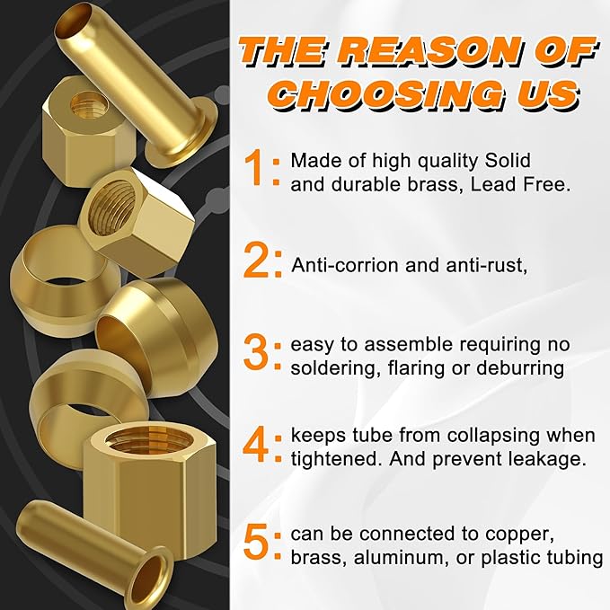 180 PCS Compression Fittings Assortment kit - 3 sizes (1/4", 3/8", 1/2") of Brass Compression Sleeve Ferrule, Insert and Nuts,Used to Connect Lines for Air,Water,Fuel,Oil and Inert Gases