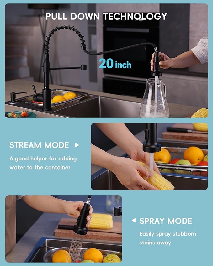 APPASO Black Kitchen Faucet with Soap Dispenser and Pull Down Sprayer, SUS304 Stainless Steel Commercial Single-Handle Spring Faucet for Kitchen Sink, Matte Black