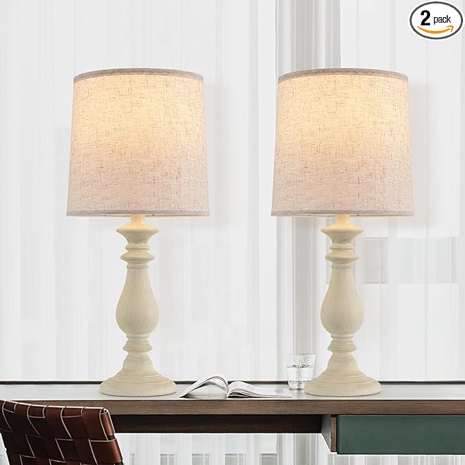 Lamps Set of 2 Vintage Rustic Farmhouse Table Lamps Bedside Reading Lamp Bedroom Nightstand Living Room Teapoy Lamp, Desk Light, 22 Inch High, White Wash, with Fabric Shade, Bulb Not Included