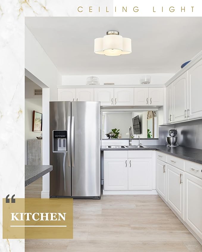 Semi Flush Mount 4-Light 14Inch Ceiling Lights with Fabric Shade in Quatrefoil Shape, Brushed Nickel for Nursery, Hallway, Bedroom, Kitchen - AD-22007-4SF-SN