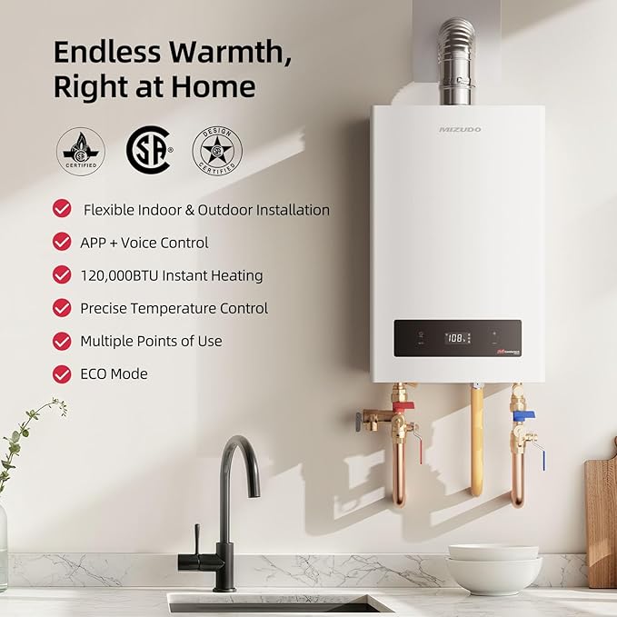 MIZUDO Natural Gas Tankless Water Heater, Indoor or Outdoor Convertible Installation, Max 5.1 GPM 120,000 BTU, WiFi&APP Control CSA Certified for Large Families Whole House, GEN 3
