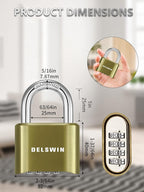 DELSWIN 4-Digit Combination Lock Outdoor Padlock - Heavy Duty Locker Lock with Hardened Steel Shackle, Waterproof Combo Lock for Gym Locker, Hasp Storage, Shed, Fence, Gate (Brass,2Pcs)