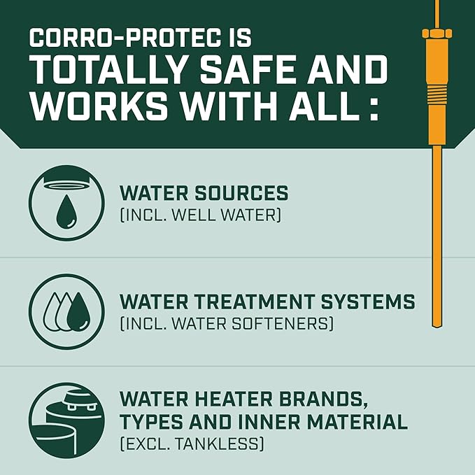 Corro-Protec Powered Anode Rod for Water Heater, 20-Year Warranty, Eliminates Rotten Egg/Sulfur Smell within 24 hours, Stops Corrosion and Reduces Limescale, Electrical Anode Rod Made of Titanium