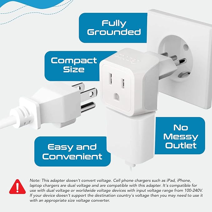Ceptics Italy Travel Plug Adapter, Chile Plug Adapter with Dual USA Input, Compact Type L Plug Adapter, Safe Grounded Plug, Perfect for Cell Phones, Laptops, Chargers, 3 Pack - CT-12A