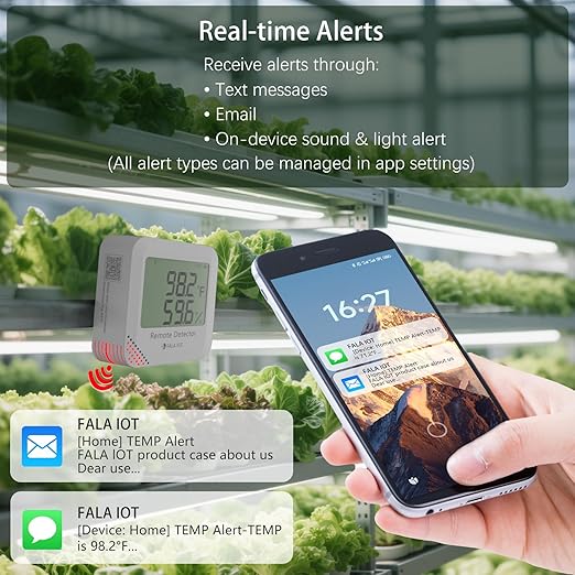 WiFi Temperature & Humidity Monitor, No Subscription 24/7 Remote Temp Sensor with Email, Text Alerts, Sound & Light Alarm, Idea for RV, Pet, Greenhouse, Farm, Freezer, Server Room,S22D