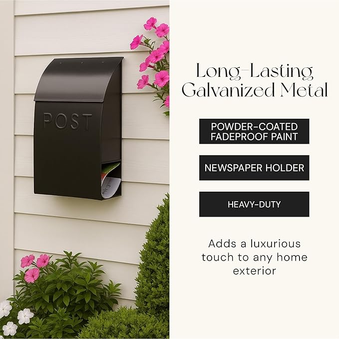NACH Mailboxes for Outside Wall Mount, 15 x 10 x 4 inches, Black Wall Mounted Mailbox and Newspaper Holder, Waterproof Mailbox for Door - The Milano Mailbox