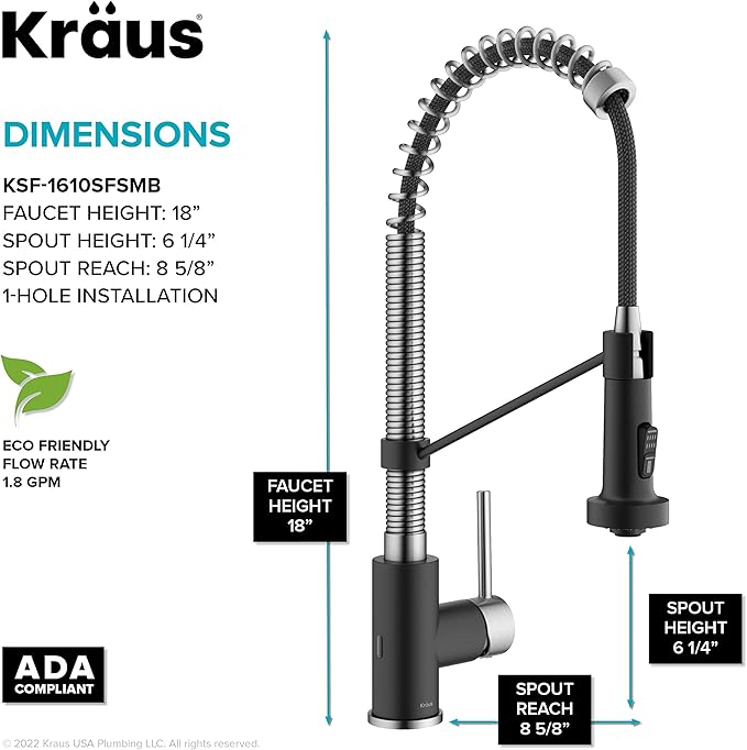 KRAUS Bolden Touchless Sensor Commercial Style 2-Function Single Handle Pull Down Kitchen Faucet in Spot-Free Stainless Steel/Matte Black, KSF-1610SFSMB