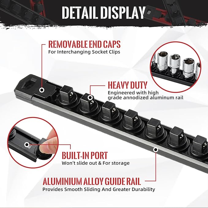 Magnetic Socket Organizer, 6-Piece Heavty Duty Aluminum Socket Holder, Socket Rail for Tool Box, Premium Quality 360° Swivel Socket Rack Kit with 80 Clips for 1/2, 3/8, 1/4-Inch(Black&Orange)