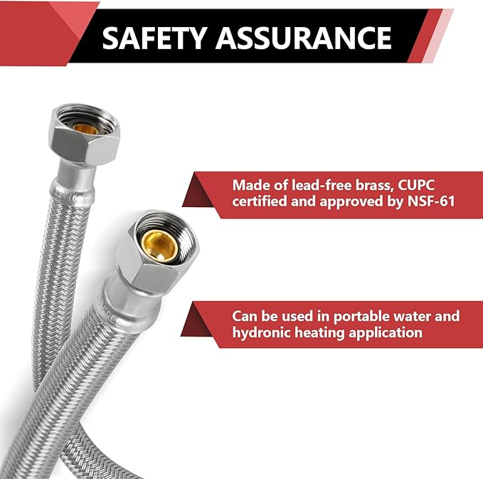 2-Pack EFIELD 16-inch Faucet Supply Lines, 1/2" FIP x 3/8" COMP Faucet Hose, Stainless Steel Braided Supply Line,(HOSE045)