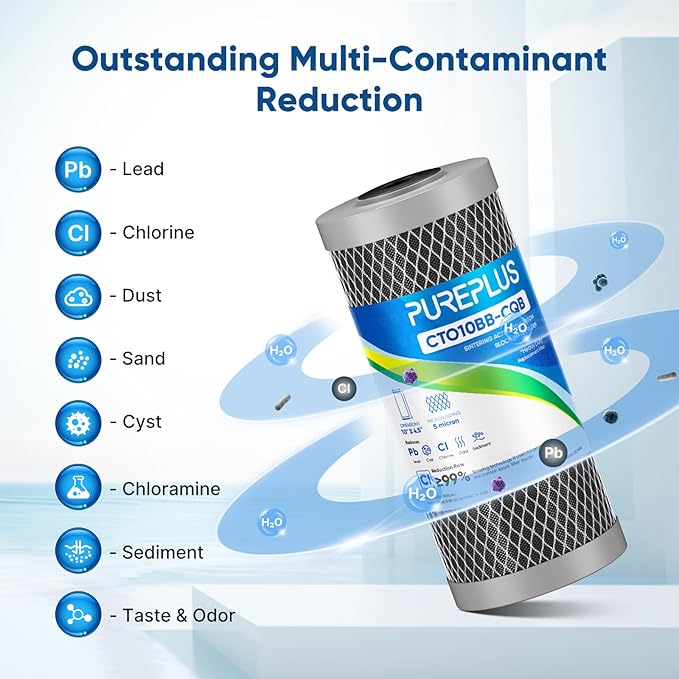 PUREPLUS 5 Micron 10" x 4.5" Whole House Activated Carbon Water Filter, Enhanced Lead Removal Carbon Replacement Cartridge, Compatible with GE GXWH40L, GXWH35F, BB10, FXHTC, FC15B, CTO10BB-CQB, 2PACK