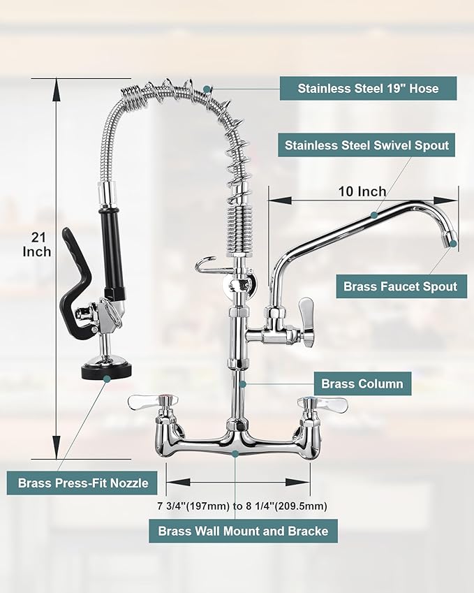 21" Height Commercial Faucet Wall Mount with Sprayer 8" Adjustable Center 9.6" Swing Spout, Kitchen Sink Faucets with Pull Down Pre-Rinse Sprayer for Restaurant Industrial Kitchen, Chrome