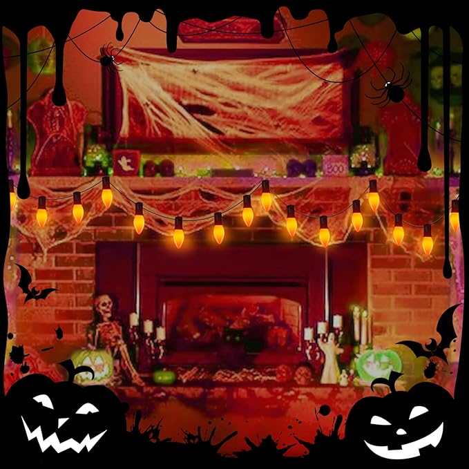 GOOTHY 25 Pack C9 Orange Halloween Replacement Light Bulb, C9 Orange Christmas Lights Bulbs for Halloween Outdoor Patio String Lights, E17 Intermediate Base Night Light Bulbs, 7 Watt, 120 Volt